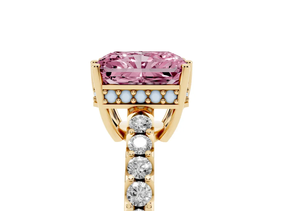 Fancy Pink Radiant Cut Solitaire Diamond Engagement Ring with Pavé Band and Six-Prong Setting Yellow gold