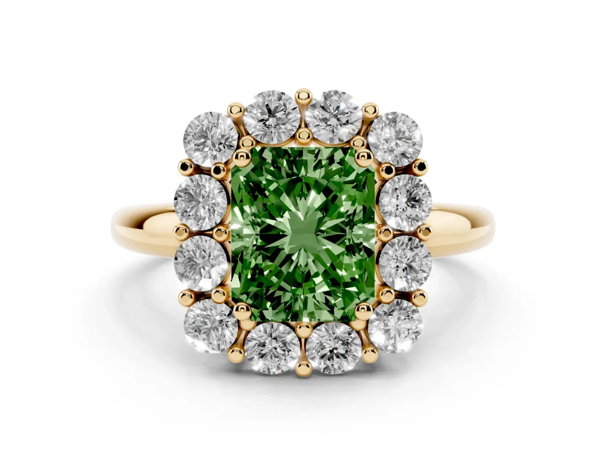 Fancy Green Radiant Cut Halo Cluster Diamond Engagement Ring with Prong Setting and Polished Band Yellow gold