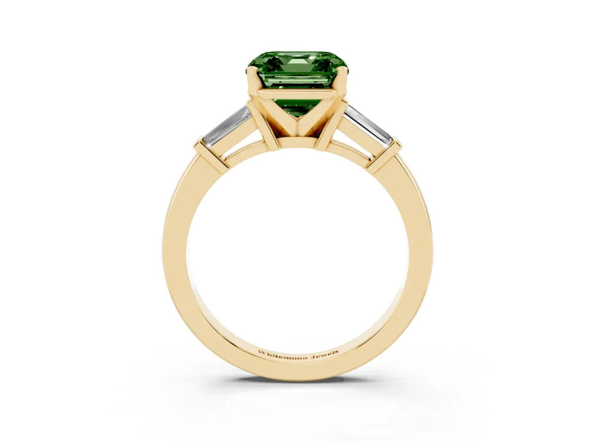 Fancy Green Asscher Cut Cut Diamond Solitaire Ring with Tapered Baguette Accents and Four-Prong Setting Yellow gold