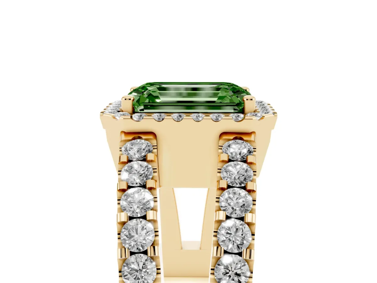 Fancy Green Emerald Cut Cut Halo Split Shank Diamond Ring with Four-Prong Setting Yellow gold