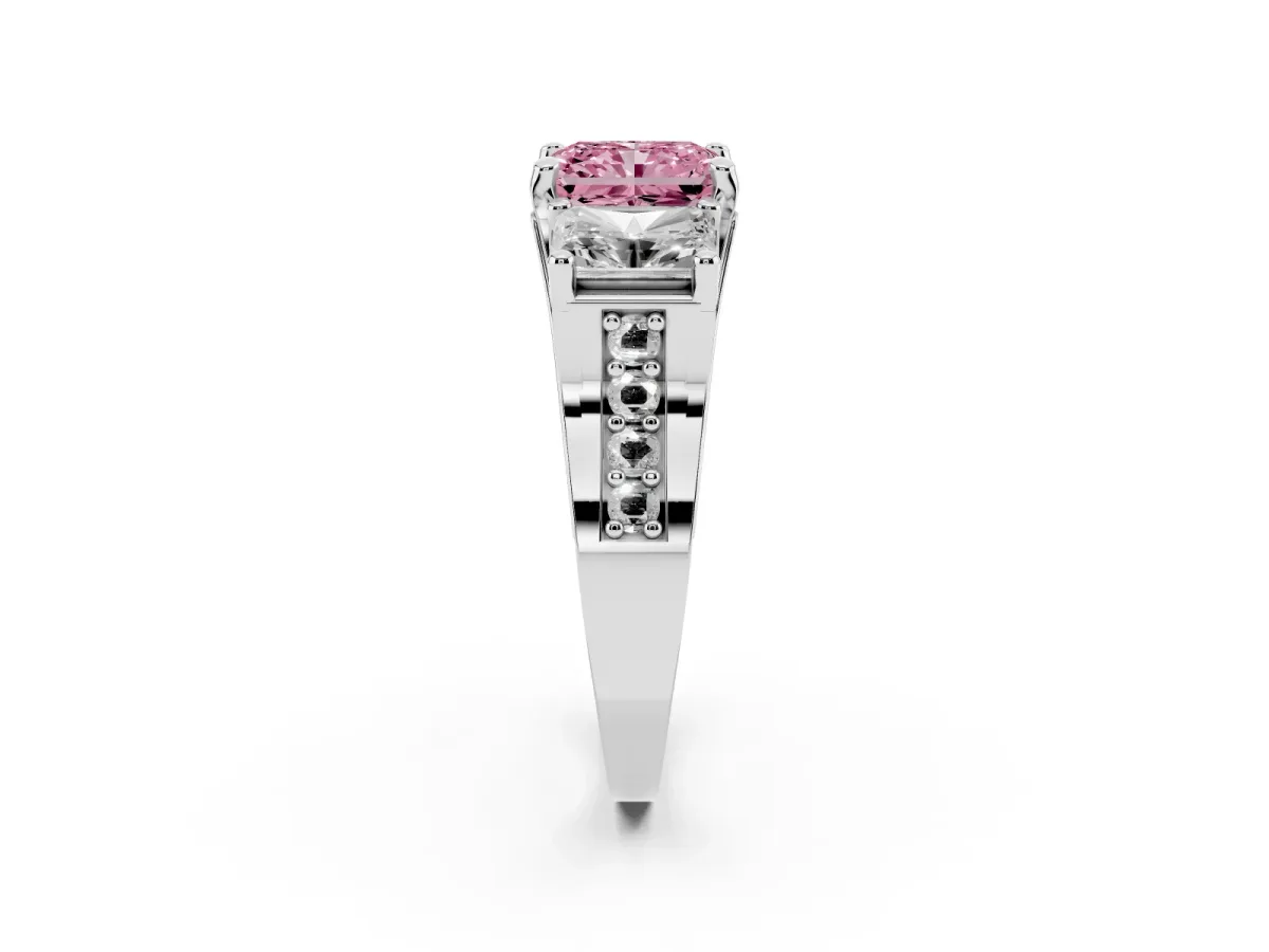 Fancy Pink Radiant Cut Diamond Three-Stone Ring with Channel Set Band and Four-Prong Setting Silver