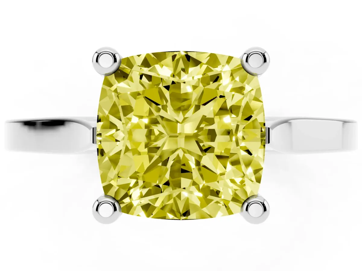 Fancy Yellow Cushion Cut Solitaire Diamond Ring with Four-Prong Setting and Tapered Band Silver