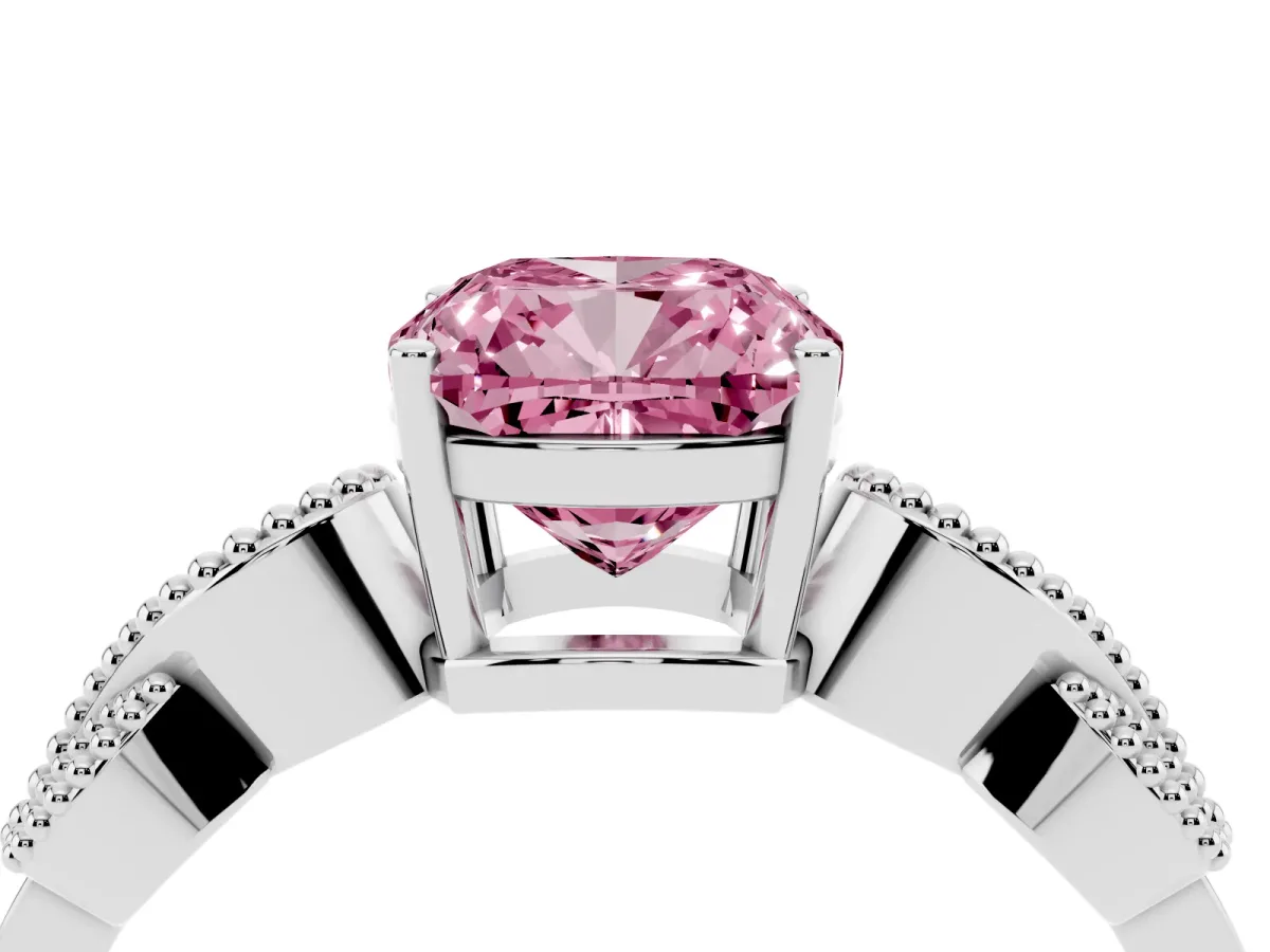Fancy Pink Cushion Cut Solitaire Milgrain Leaf Band with Prong Setting Silver
