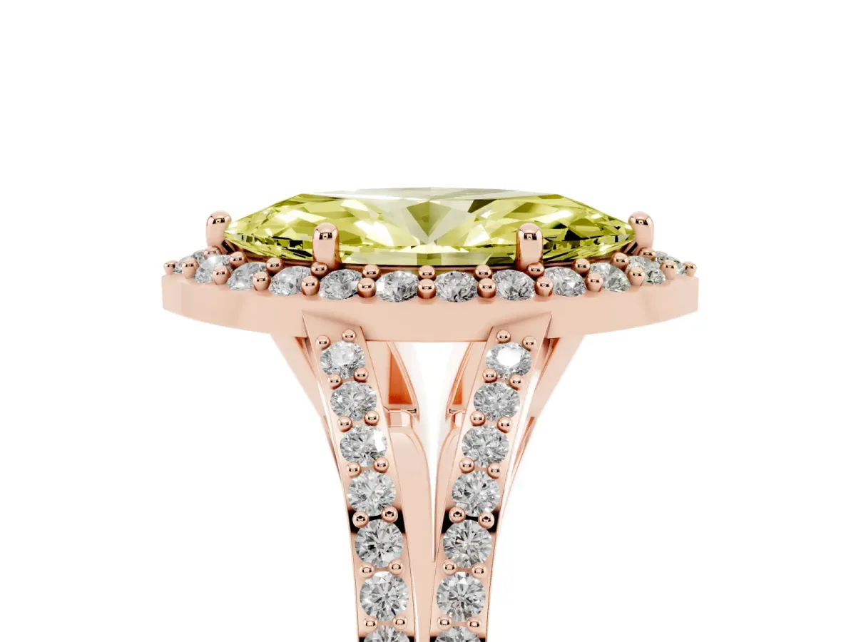 Fancy Yellow Marquise Cut Halo Split Shank Diamond Ring with Prong Setting Rose gold