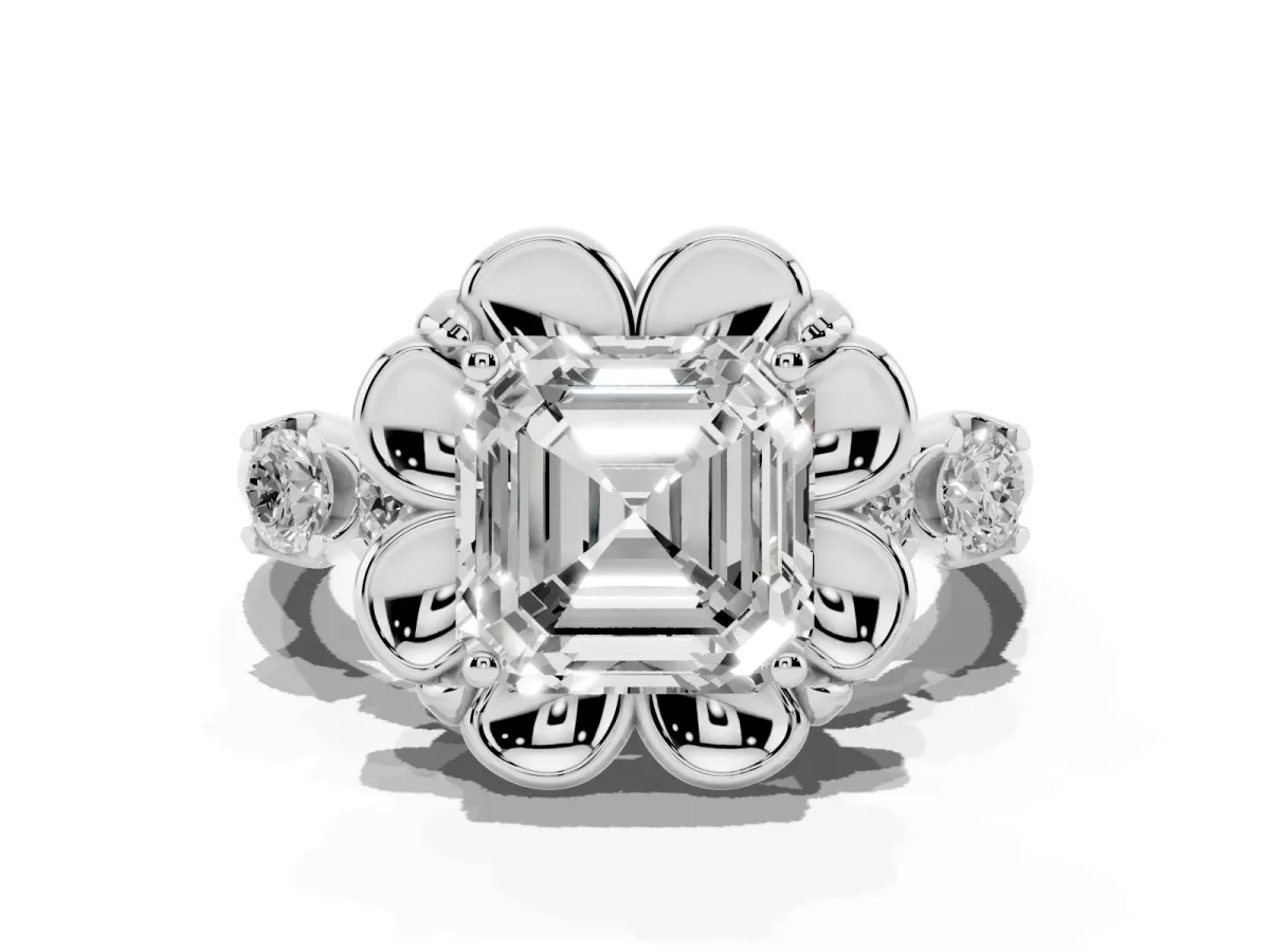 Asscher Cut Cut Diamond Floral Halo Engagement Ring with Shared Prong Setting Silver