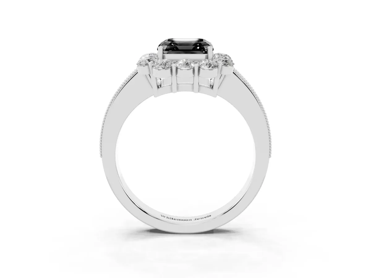 Fancy Black Asscher Cut Cut Halo Diamond Pavé Engagement Ring with Milgrain Detailing Platinum