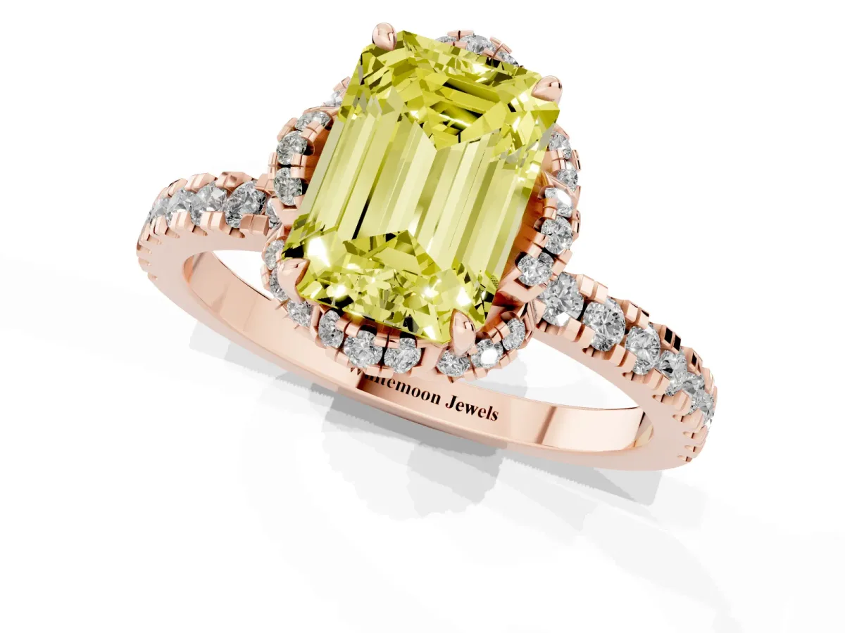 Fancy Yellow Emerald Cut Diamond Halo Pave Band with Four-Prong Setting Rose gold