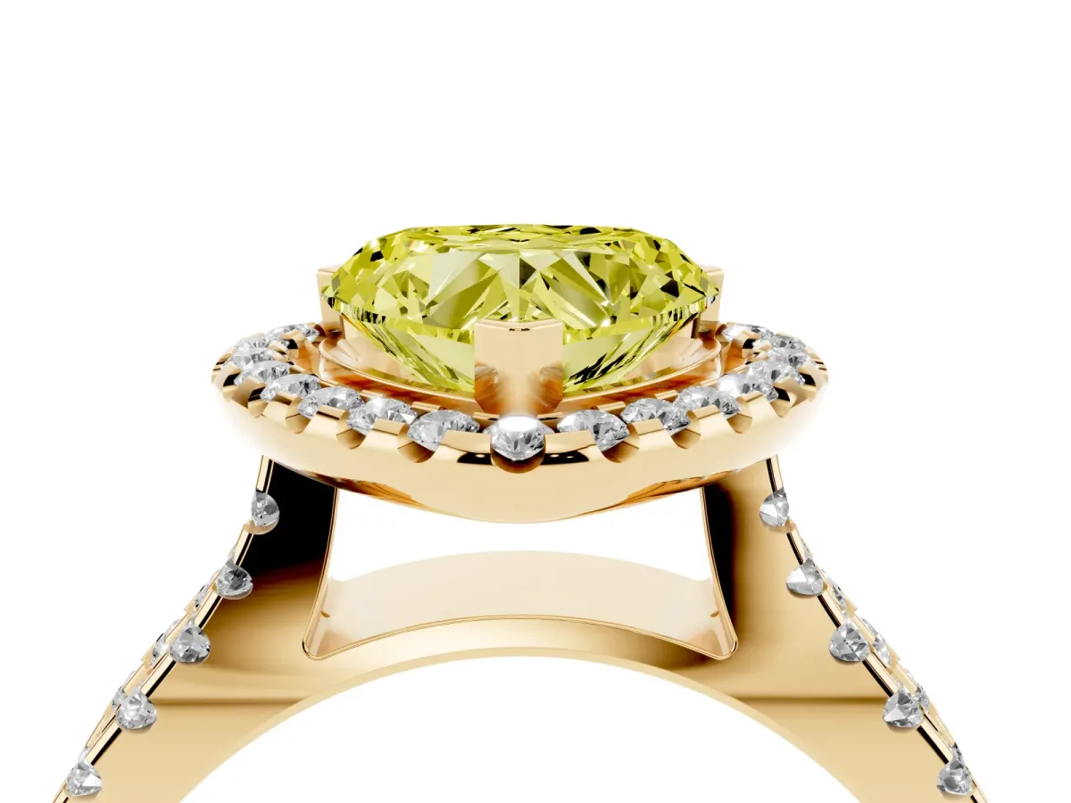 Fancy Yellow Heart Cut Diamond Halo Ring with Split Shank Pavé Band and Prong Setting Yellow gold