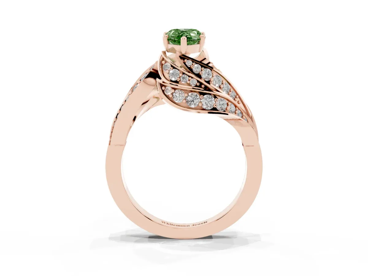 Fancy Green Pear Cut Diamond Solitaire Ring with Prong Setting and Twisted Pavé Band Rose gold