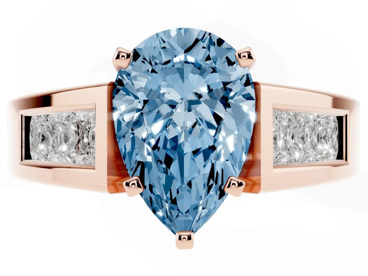 Fancy Blue Pear Cut Cut Channel Set Solitaire Ring with Four-Prong Setting Rose gold
