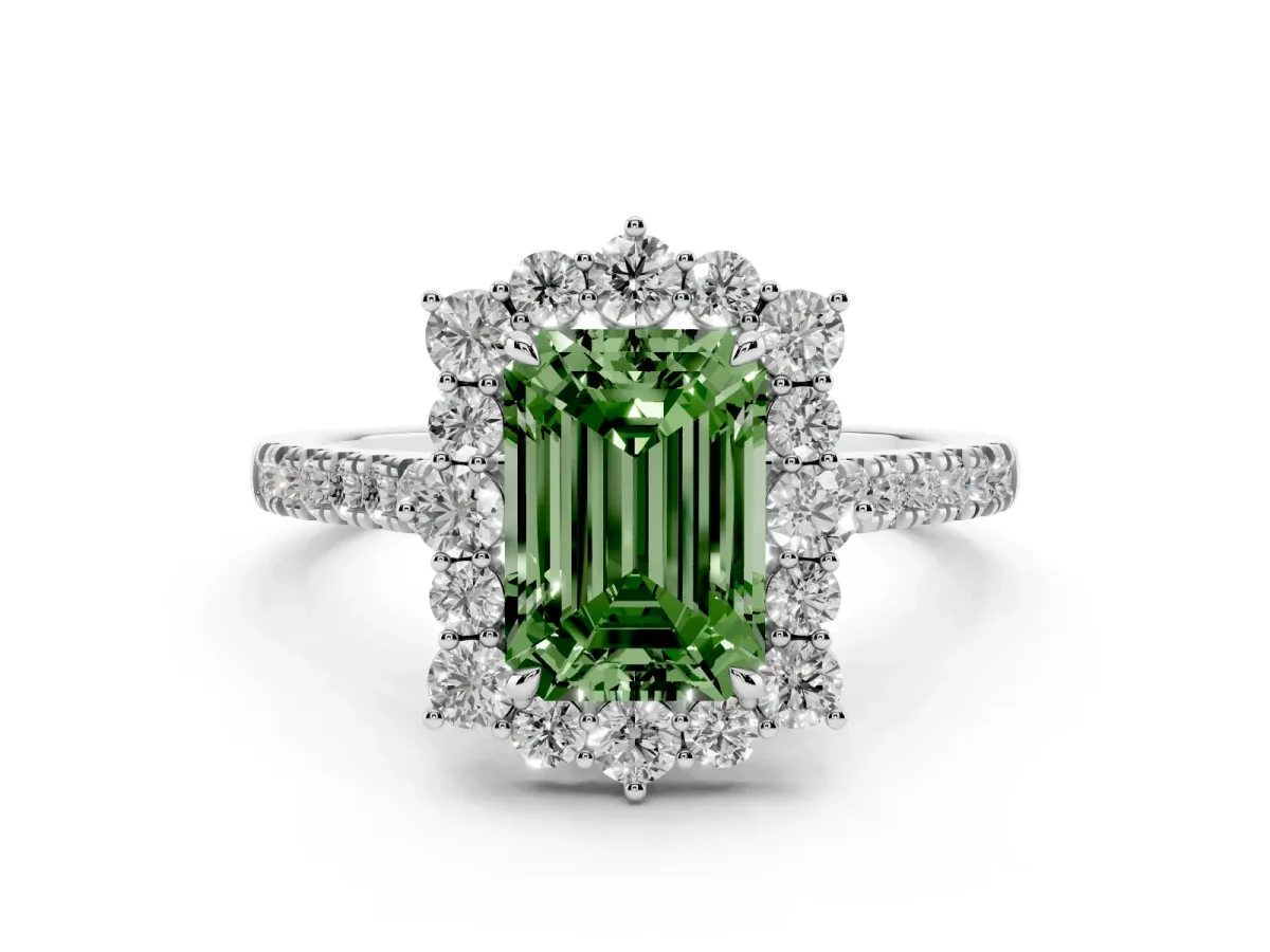 Fancy Green Emerald Cut Halo Diamond Ring with Pavé Band and Prong Setting Silver