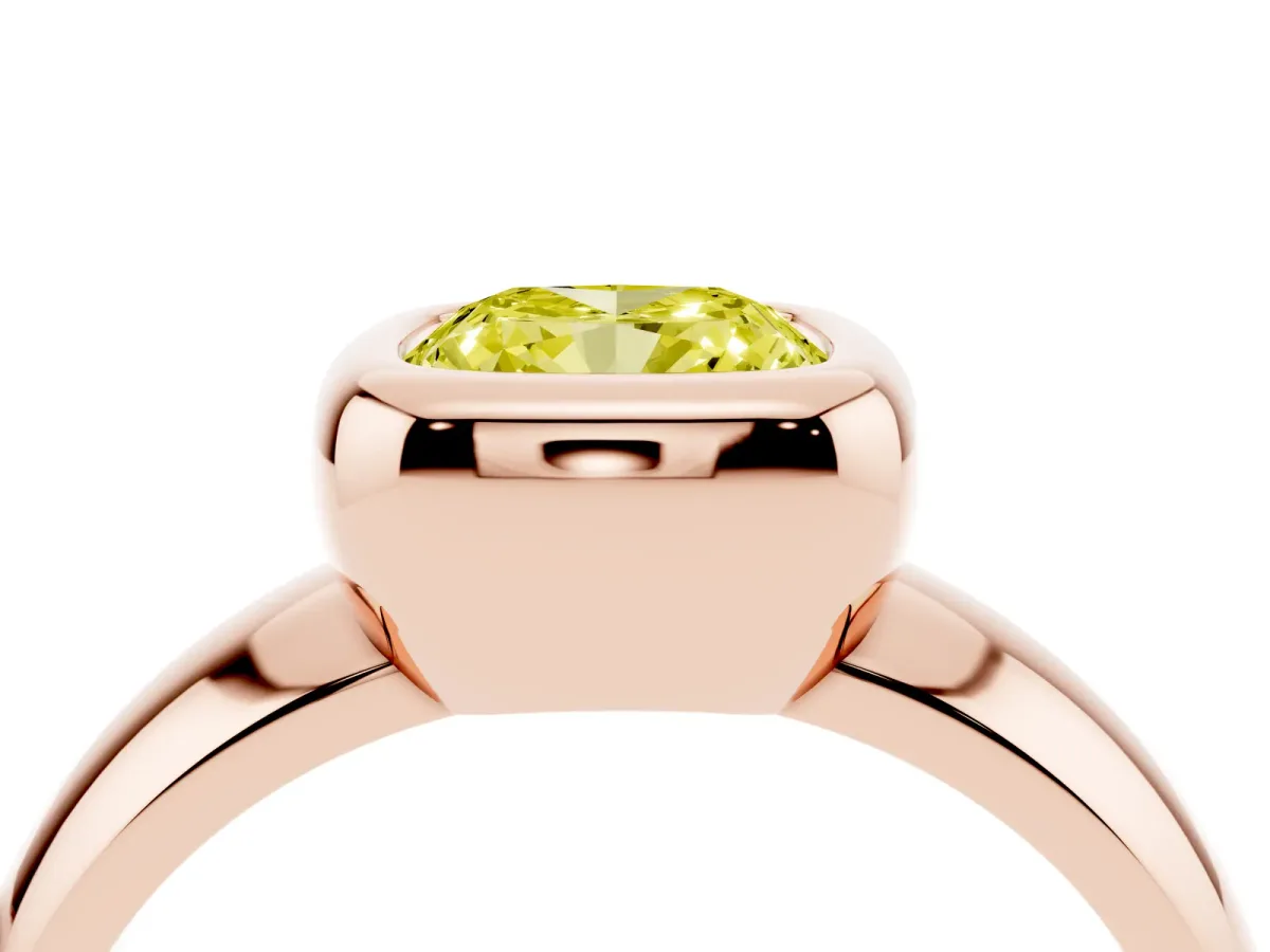Fancy Yellow Bezel Set Cushion Cut Solitaire Ring with Wide Band Rose gold