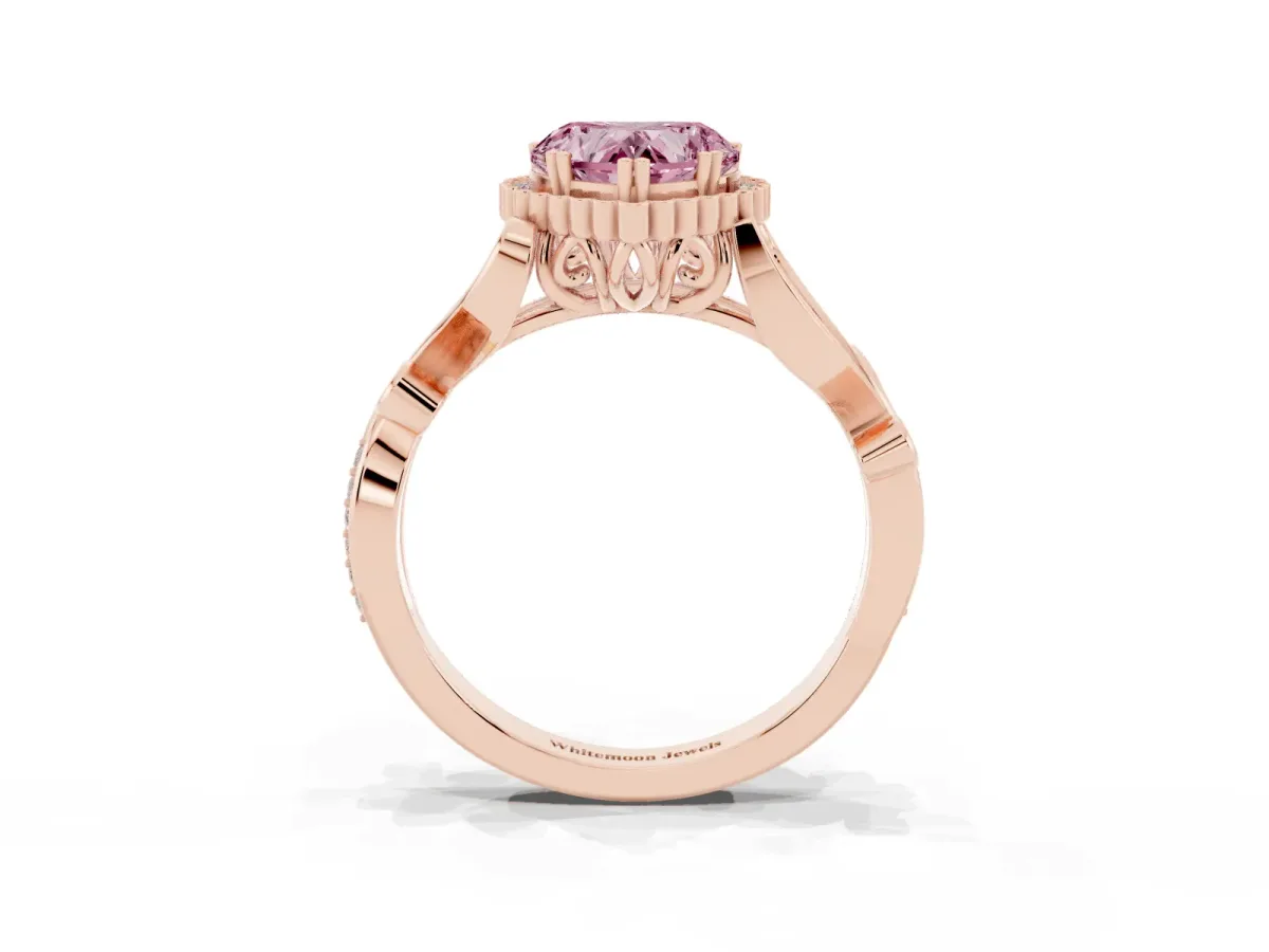 Fancy Pink Heart Cut Diamond Halo Ring with Vintage Split Shank and Four-Prong Setting Rose gold