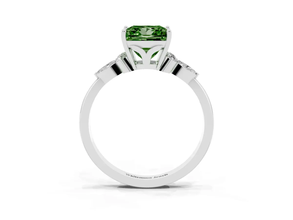 Fancy Green Princess Cut Brilliant Diamond Solitaire Ring with Pear Side Stones and Four-Prong Setting Silver