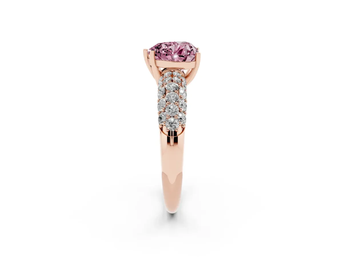 Fancy Pink Heart Cut Diamond Pavé Band Solitaire Ring with Four-Prong Setting Rose gold