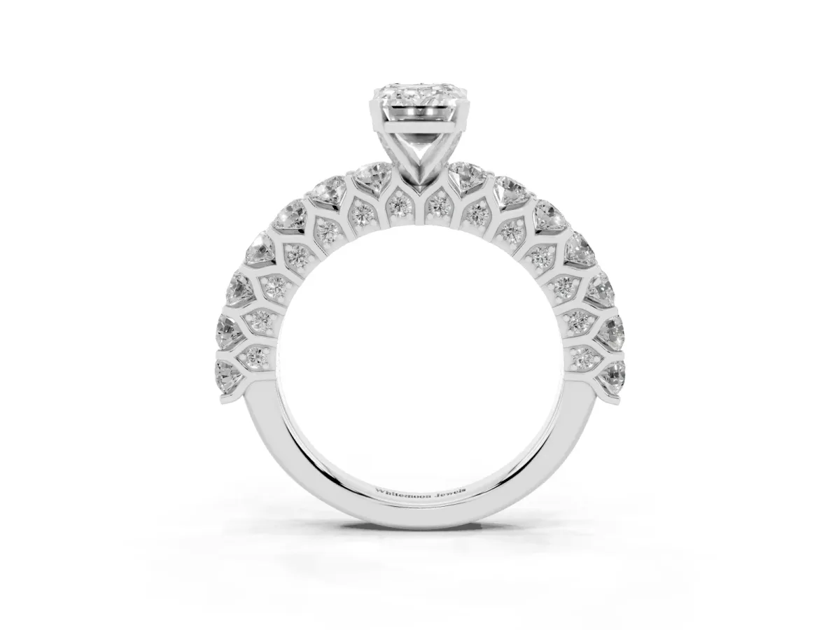 Emerald Cut Diamond Solitaire Ring with Shared Prong Pavé Band and Four-Prong Setting Silver