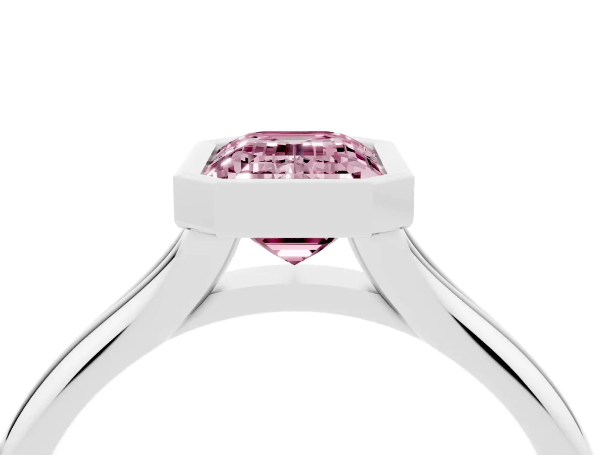 Fancy Pink Bezel Set Emerald Cut Solitaire Diamond Ring with Smooth Band Silver