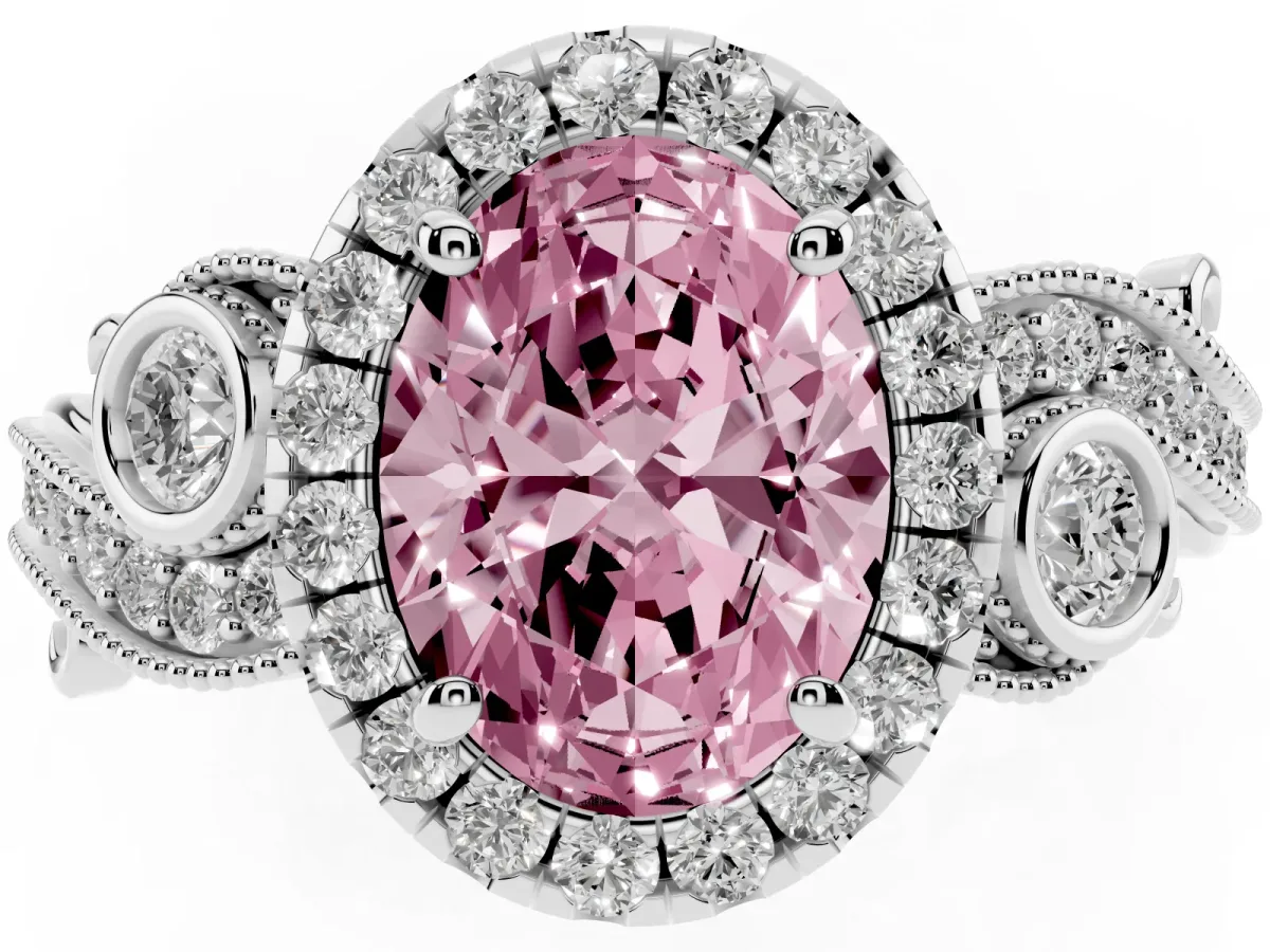 Fancy Pink Oval Cut Diamond Halo Ring with Milgrain Pavé Band and Four-Prong Setting Silver
