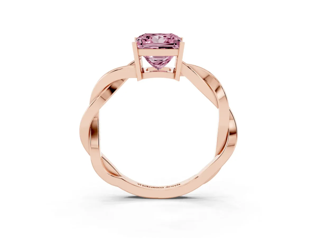 Fancy Pink Princess Cut Solitaire Twisted Pave Diamond Ring with Four-Prong Setting Rose gold