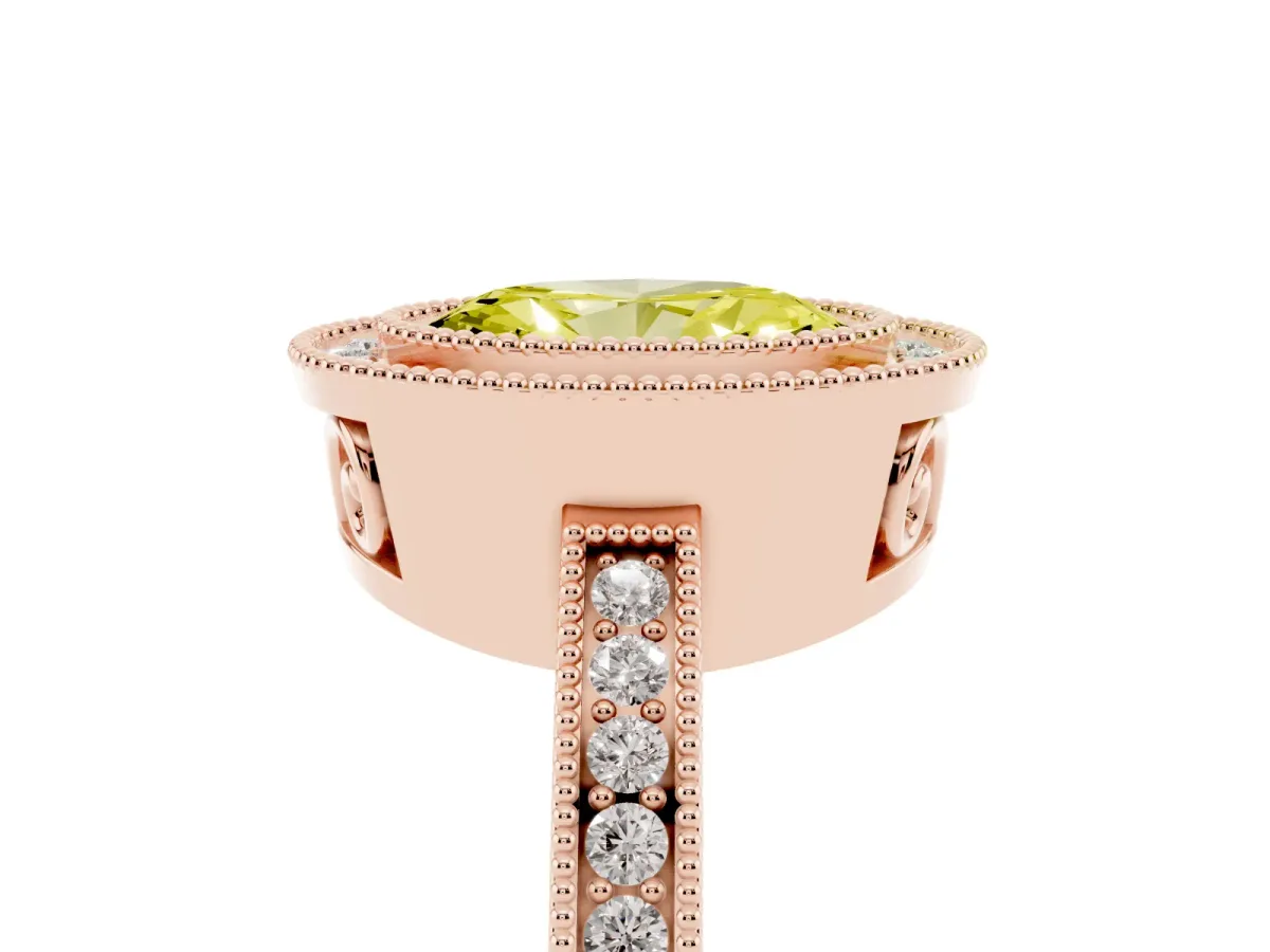 Fancy Yellow Oval Cut Cut Halo Diamond Ring with Pavé Band and Milgrain Prong Setting Rose gold