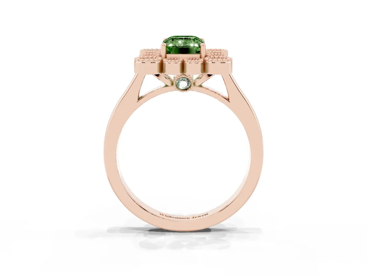 Fancy Green Emerald Cut Halo Diamond Cluster Engagement Ring with Milgrain Bezel Setting and Solitaire Band Rose gold