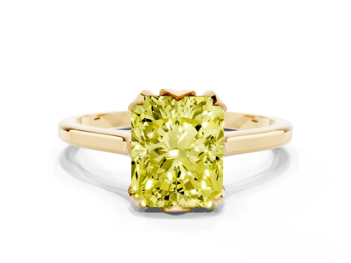 Fancy Yellow Radiant Cut Diamond Solitaire Ring with Flower Prong Setting and Classic Band Yellow gold