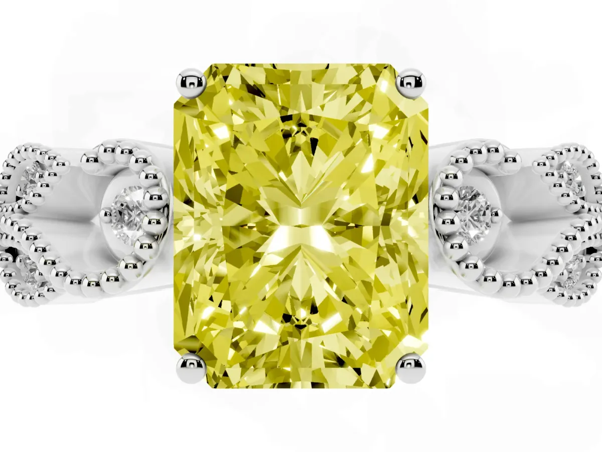 Fancy Yellow Princess Cut Solitaire Milgrain Leaf Band with Prong Setting Silver