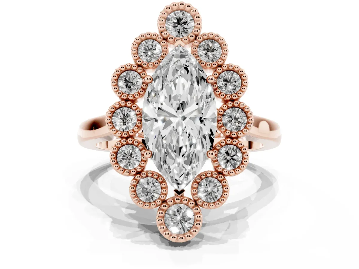 Marquise Cut Halo Diamond Cluster Engagement Ring with Milgrain Bezel Setting and Solitaire Band Rose gold