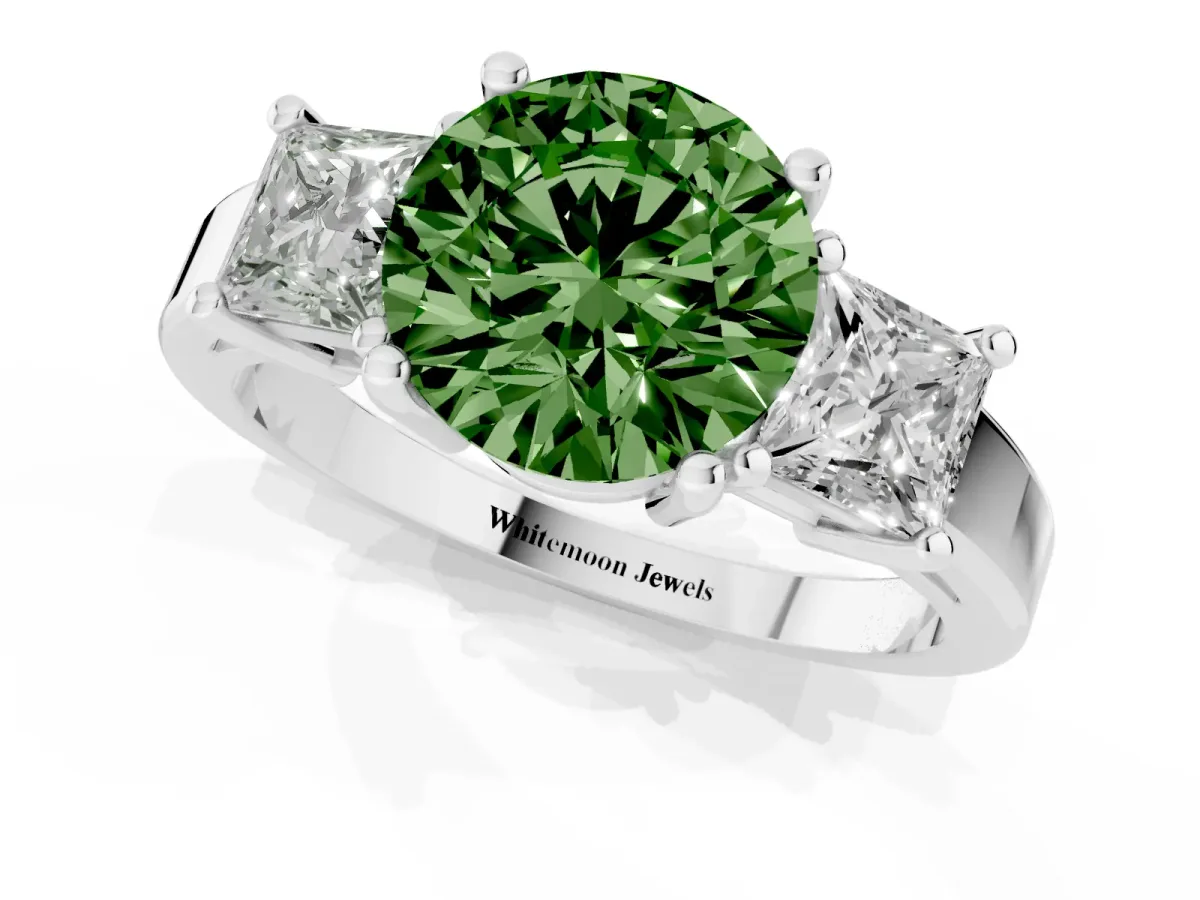 Fancy Green Three-Stone Round Cut Cut Solitaire Ring with Prong Setting Platinum