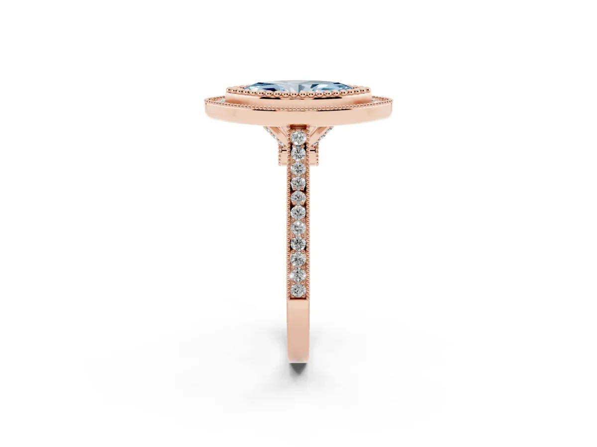 Fancy Blue Marquise Cut Diamond Halo Ring with Milgrain Frame and Pavé Band Rose gold
