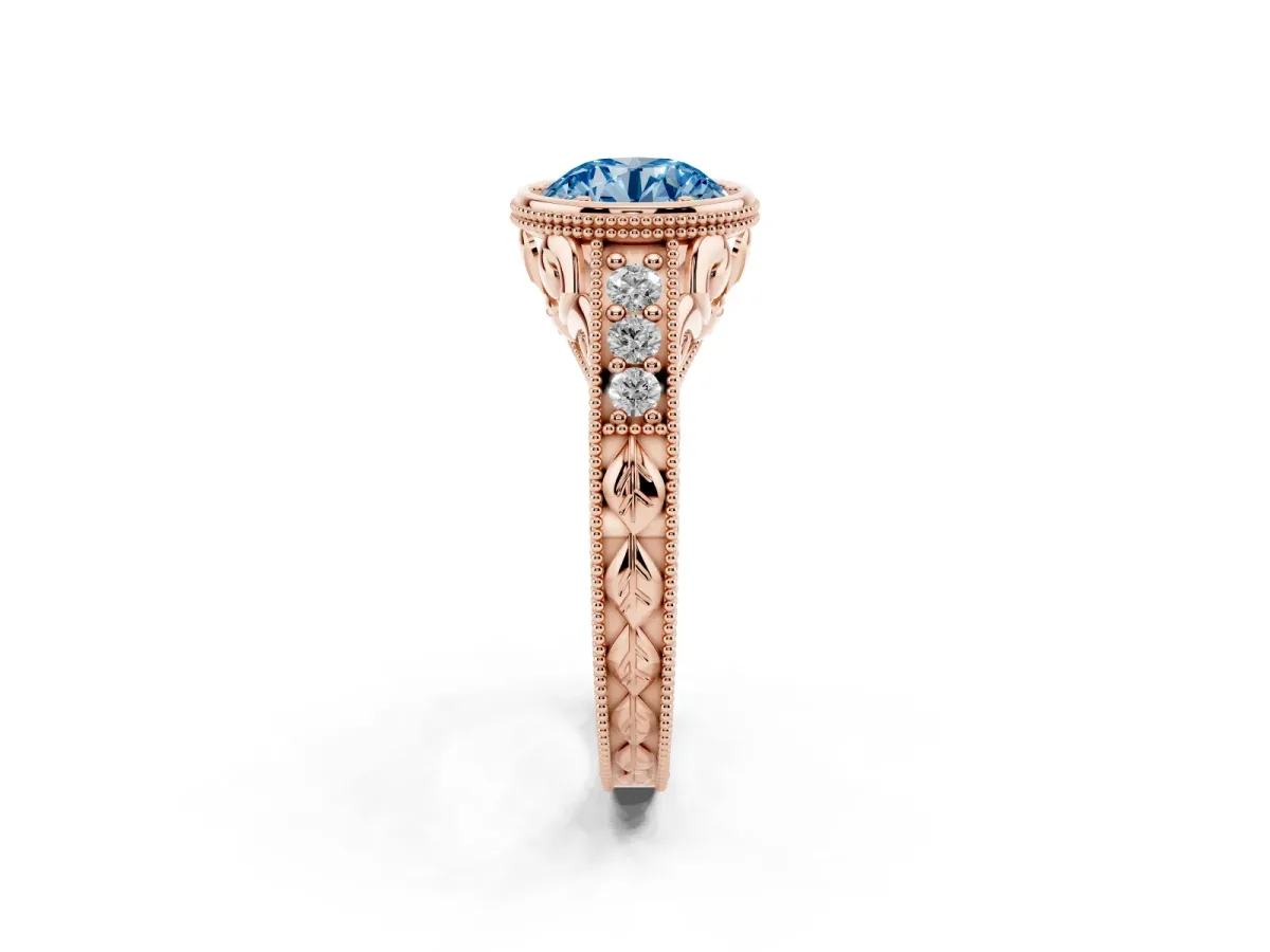 Fancy Blue Bezel Set Round Cut Diamond Milgrain Pave Engagement Ring Rose gold