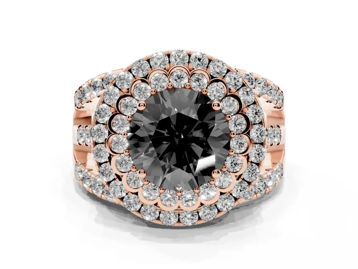 Fancy Black Round Cut Diamond Double Halo Ring with Round Pavé Split Shank and Prong Setting Rose gold