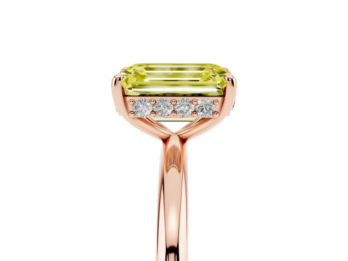 Fancy Yellow Emerald Cut Solitaire Diamond Ring with a Classic Band and Four-Prong Setting Rose gold