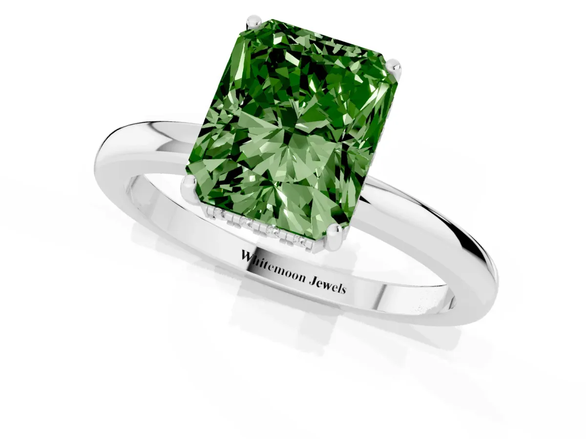 Fancy Green Radiant Cut Solitaire Diamond Ring with Prong Setting and Plain Band White gold