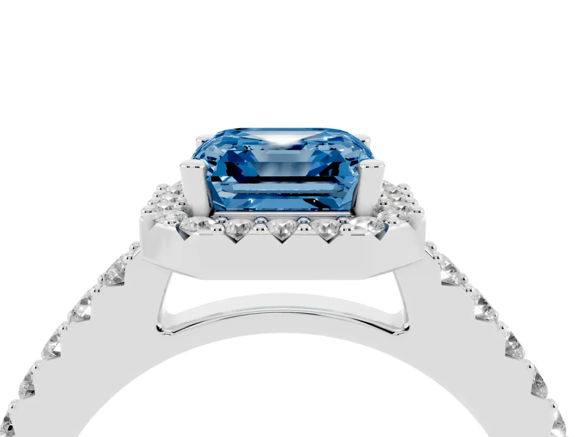 Fancy Blue Asscher Cut Halo Diamond Pavé Solitaire Ring Platinum