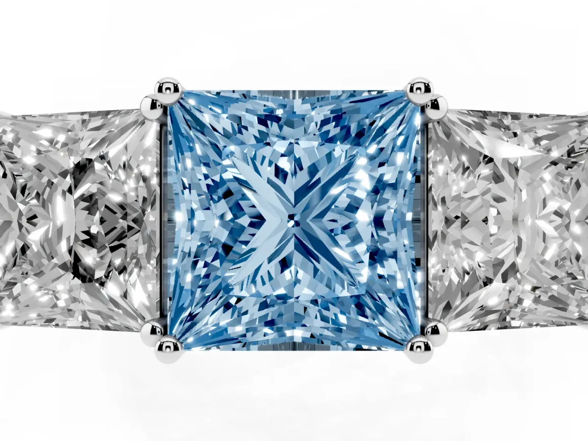 Fancy Blue Princess Cut Diamond Three-Stone Ring with Prong Setting and Textured Band Silver