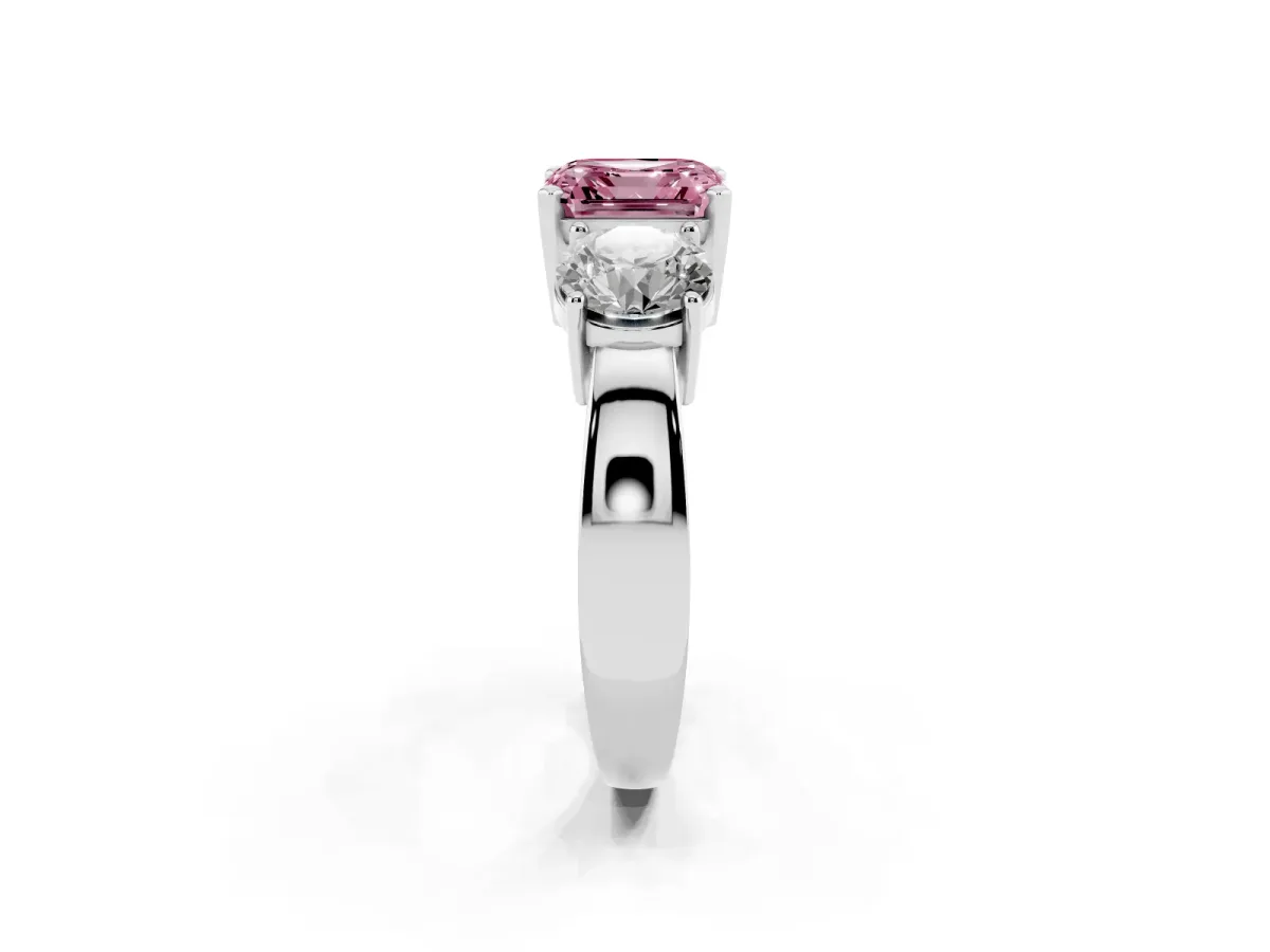 Fancy Pink Three-Stone Asscher Cut Diamond Ring with Round Side Stones, Classic Band, and Four-Prong Setting Silver