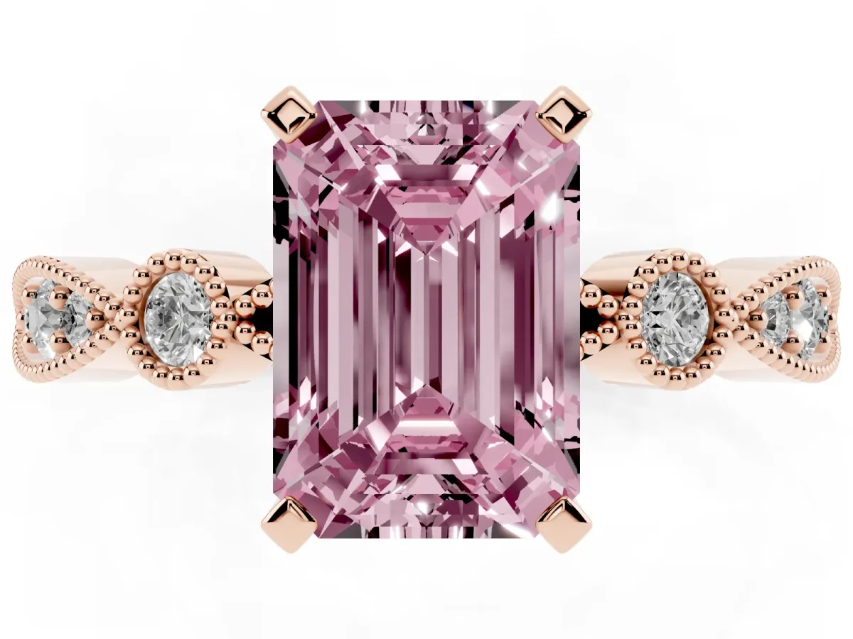 Fancy Pink Emerald Cut Milgrain Bezel Diamond Engagement Ring with Solitaire Prong Setting Rose gold