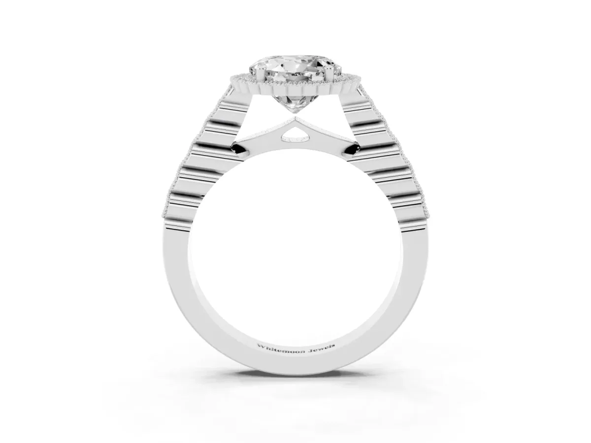 Round Cut Cut Halo Pavé Solitaire Ring with Milgrain Band Silver