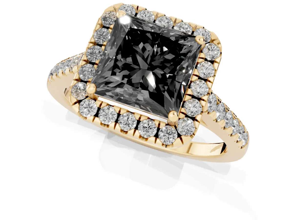 Fancy Black Princess Cut Halo Pave Diamond Engagement Ring with Four-Prong Setting Yellow gold