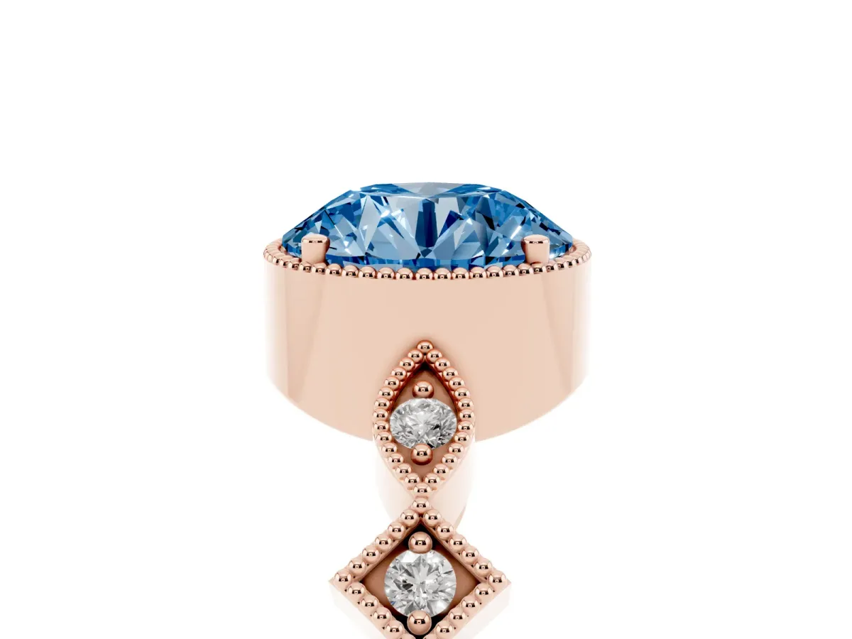 Fancy Blue Round Cut Milgrain Marquise Diamond Twist Band Ring Rose gold