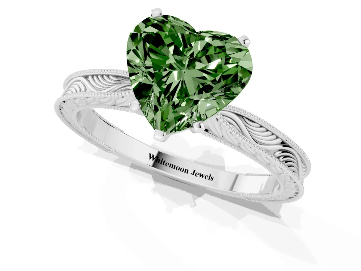 Fancy Green Heart Cut Solitaire Milgrain Engraved Band with Four-Prong Setting Silver