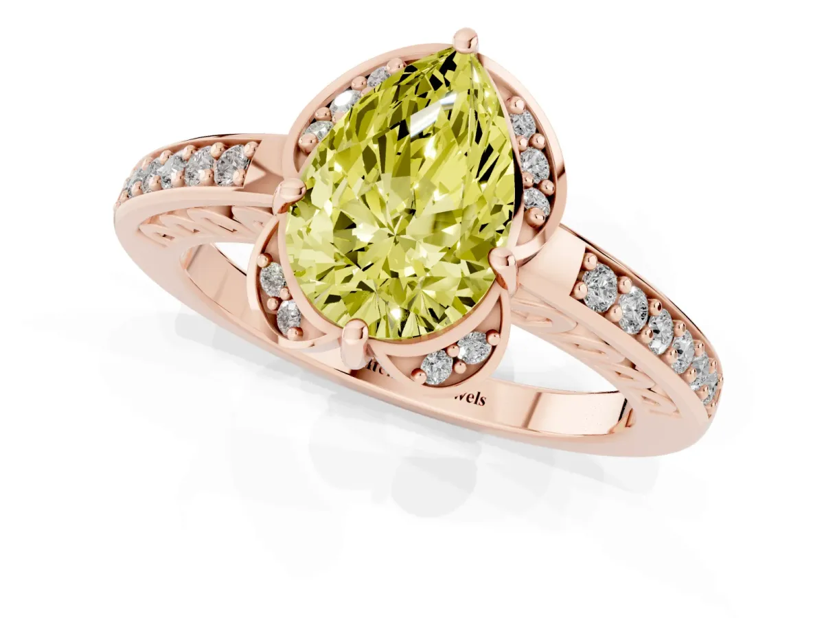 Fancy Yellow Pear Cut Cut Halo Diamond Ring with Channel Set Band and Four-Prong Setting Rose gold