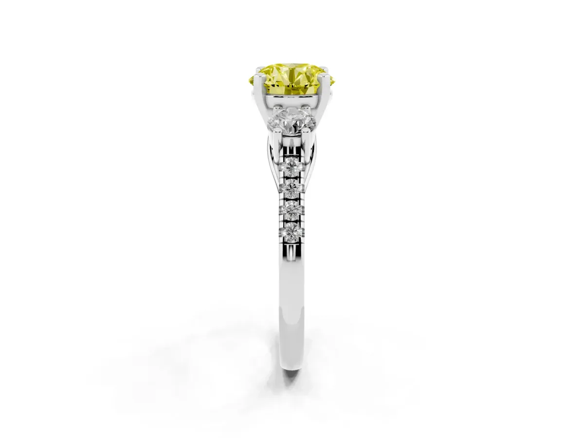 Fancy Yellow Three-Stone Round Cut Diamond Pavé Band with Four-Prong Setting Silver