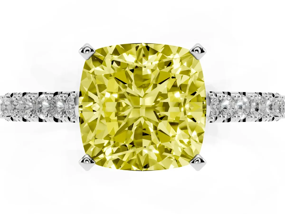 Fancy Yellow Cushion Cut Cut Solitaire Diamond Engagement Ring with Pave Band and Four-Prong Setting Platinum