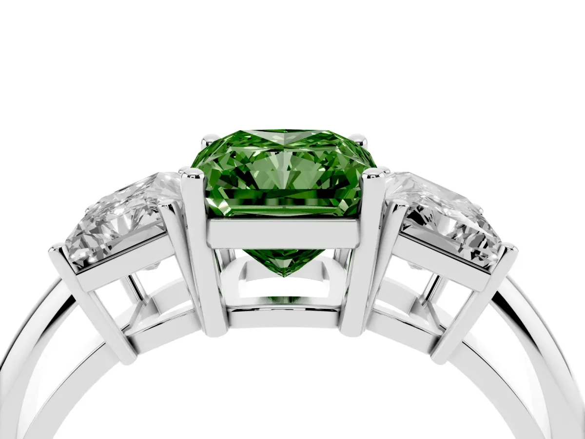 Fancy Green Three-Stone Radiant Cut Cut Diamond Engagement Ring with Prong Setting on a White Gold Band Silver