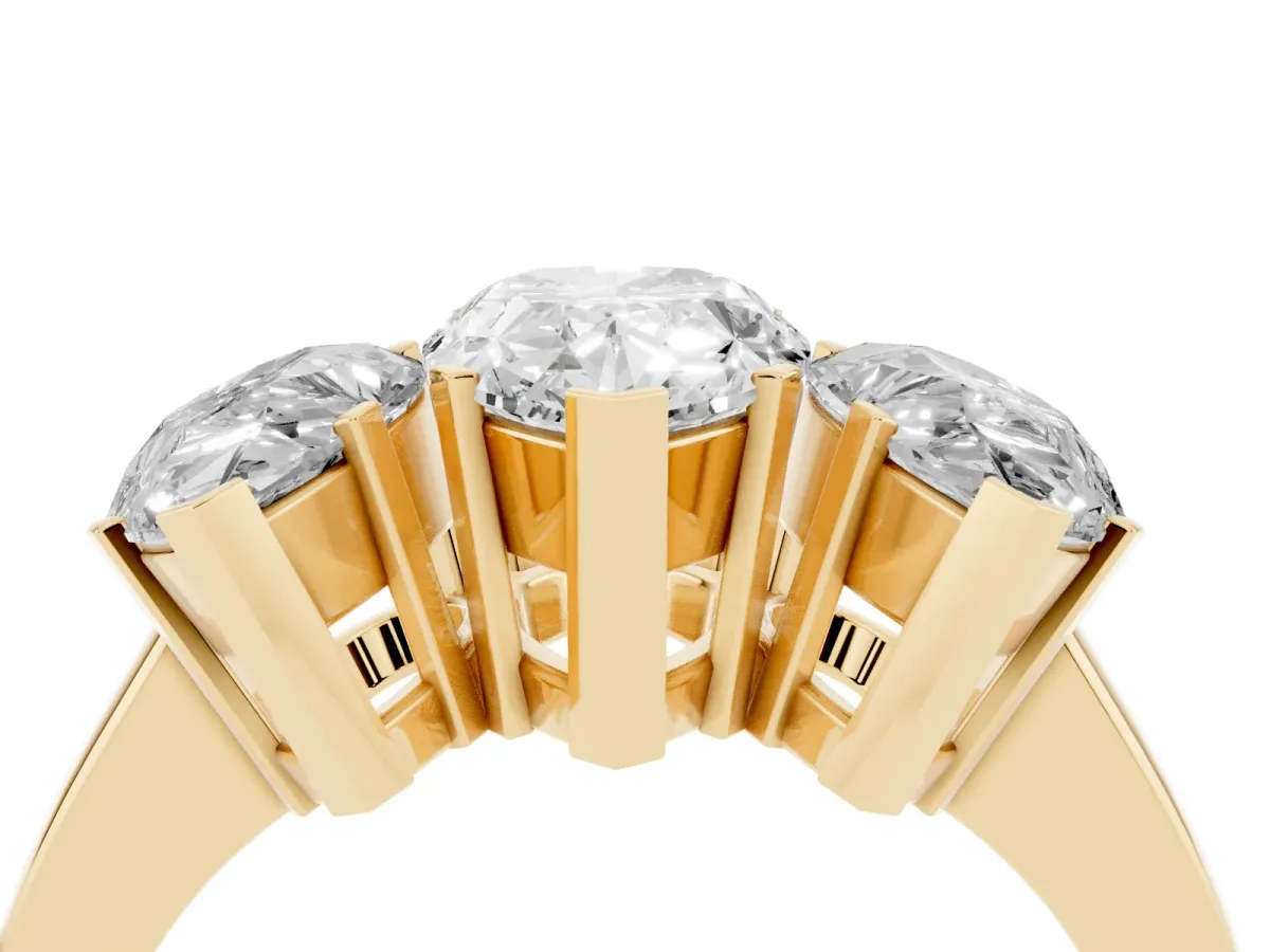 Three-Stone Pear Cut Cut Diamond Ring with Channel Set Band and Four-Prong Setting Yellow gold