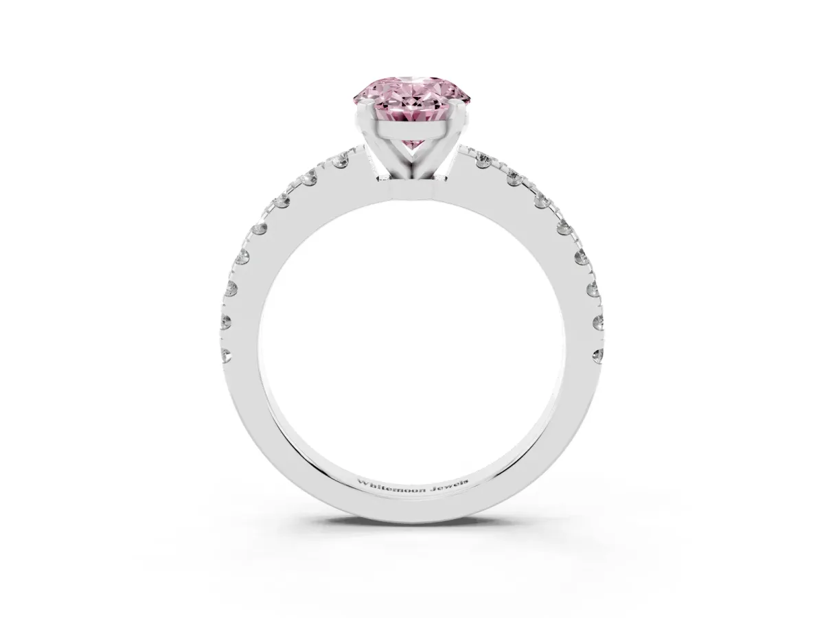 Fancy Pink Oval Cut Solitaire Diamond with Pavé Band and Four-Prong Setting Silver