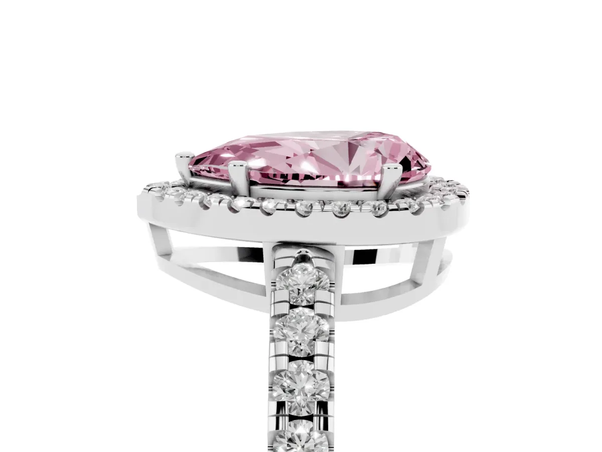 Fancy Pink Pear Cut Diamond Halo Ring with Pavé Band and Four-Prong Setting Platinum