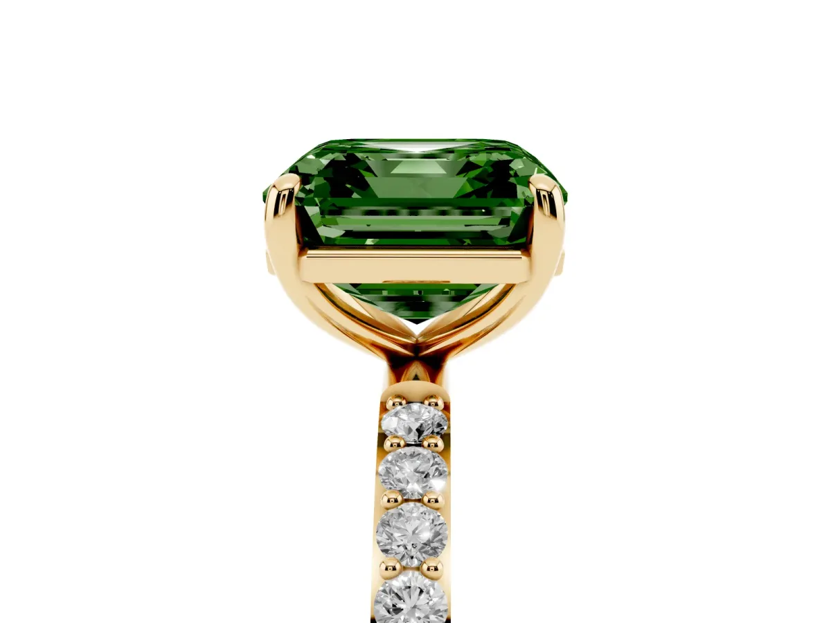 Fancy Green Asscher Cut Diamond Solitaire Ring with Round Pavé Band and Prong Setting Yellow gold